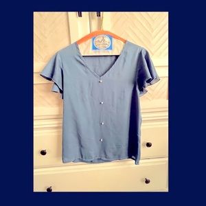 Blue V neck with Pearl Detail and Frilly Short Sleeves